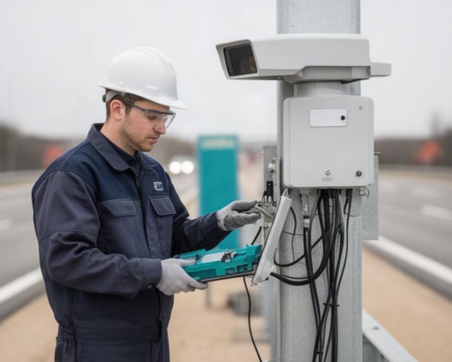 Techniker prüft ein elektronisches Mauterfassungssystem an einer Straßeninfrastruktur-Anlage