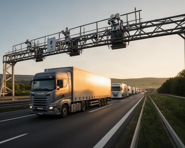 Lkw-Mautbrücke auf dem Korridor Frankfurt Kassel mit Lastwagen im fließenden Verkehr