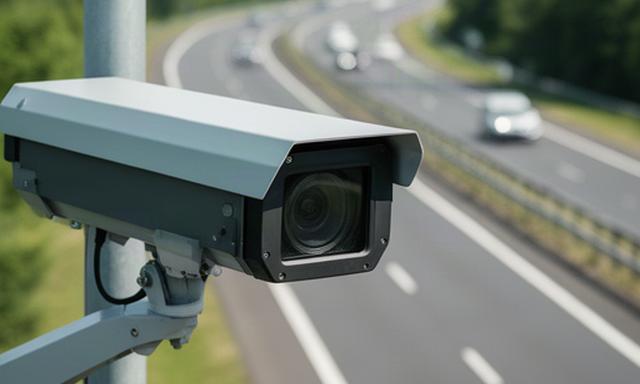 Nahaufnahme einer Mauterfassung mit Kamera und Fahrbahnmarkierung bei Tageslicht