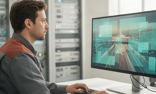 Techniker prüft ein digitales Abrechnungssystem in einem hellen Kontrollraum für Straßeninfrastruktur