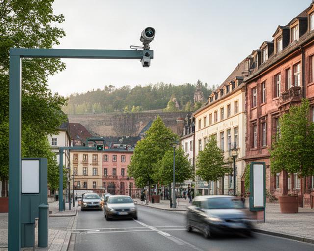 Kamerabasierte Zufahrt zur City-Maut-Zone in Heidelberg mit historischem Stadtbild