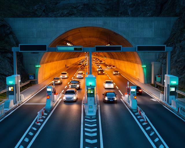 Mautstation vor einem beleuchteten Tunnelportal mit Fahrstreifen für den gemischten Verkehr